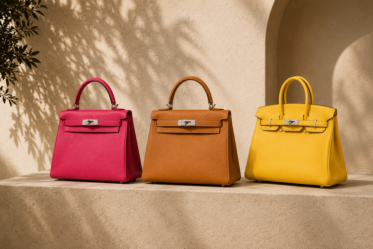 Luxury handbag, watch and jewellery on a stone surface